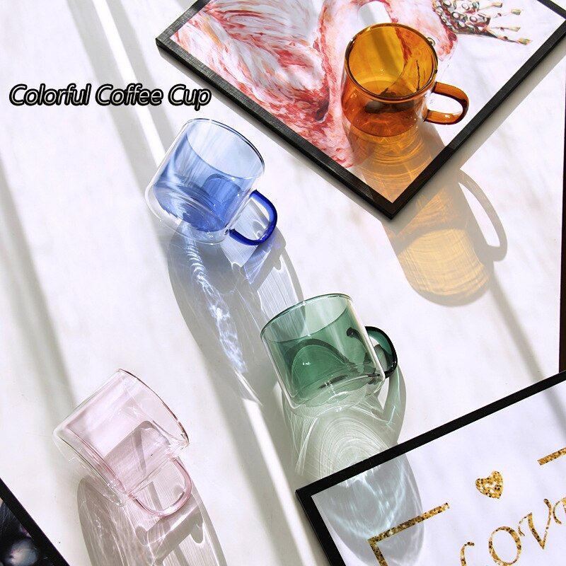 Kleur Transparant Dubbele Glas Anti Brandwonden Koffie Cup Hoge Borosilicate Met Handvat Hittebestendige Dubbele Wand Thee Mokken