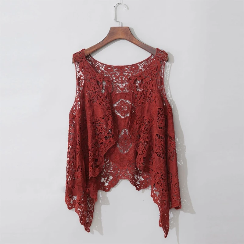 Mulheres sem mangas frente aberta cardigan boho oco crochê renda drape assimétrico bainha hippie xale colete de cor sólida: Bege