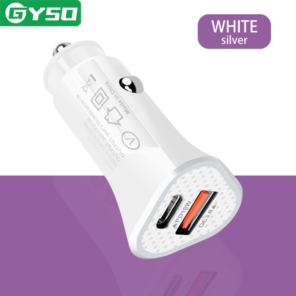 GYSO USB Car Charger Quick Charge 4.0 QC4.0 QC3.0 QC SCP PD Type C 18W Fast Car USB Charger For iPhone 13 SAMSUNG Mobile Phone: White
