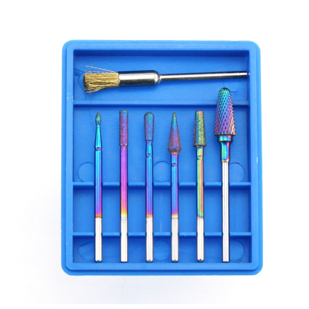 7 stk/sæt diamant hårdmetal fræser regnbue neglebor børste til manicure elektriske maskine bits burr nail art værktøjer
