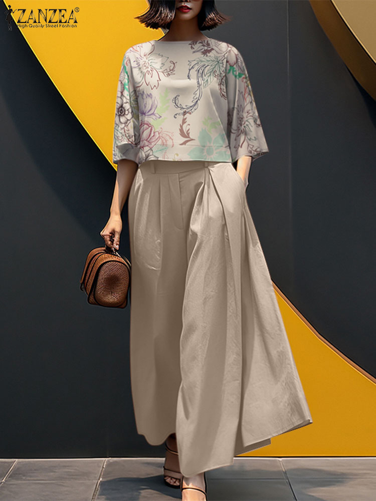 ZANZEA Summer 3/4 Sleeve Printed Blouse Trousers Suit 2PCS Outfits Women Matching Sets Wide Leg Pant Sets: XXL / Beige