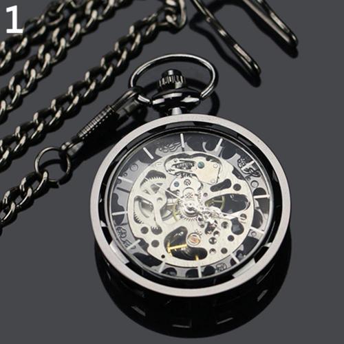Unisex Luxury Silver Skeleton Mechacnical Hand-winding Mens Pocket Watch with Chain Smooth Steel Women Unisex Pocket Watch: Black