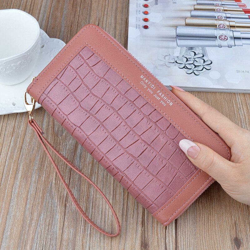 Nueva cartera larga de para mujer, bolso de mano con de cocodrilo y cremallera, Cartera de piel suave de gran capacidad, bolso para teléfono móvil: Dark Pink