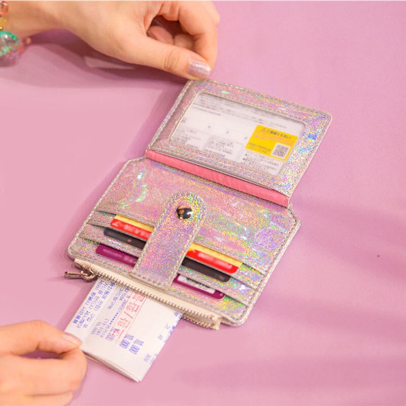 Glänsande myntväska kvinnor harajuku stil pu dragkedja multi-kort position kort snap-on plånbok utomhus resor tarjetero