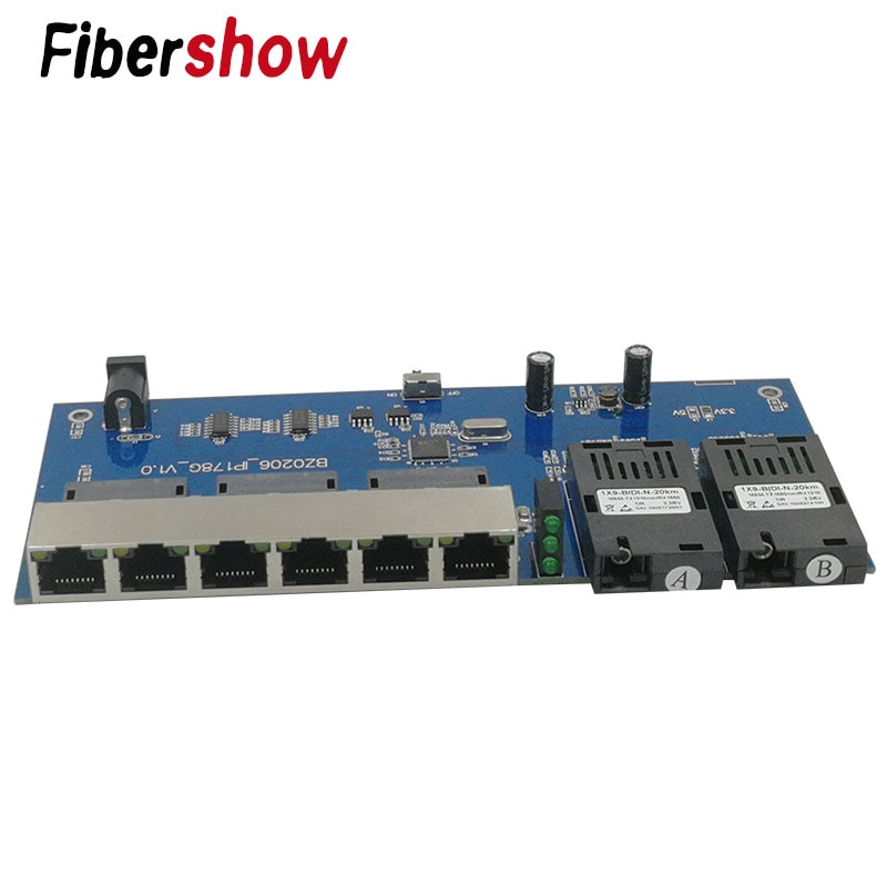 Ethernet Fiber switch 6 RJ45 2 SC Optical Media Converter Single Mode fiber Port PCB 10/100M