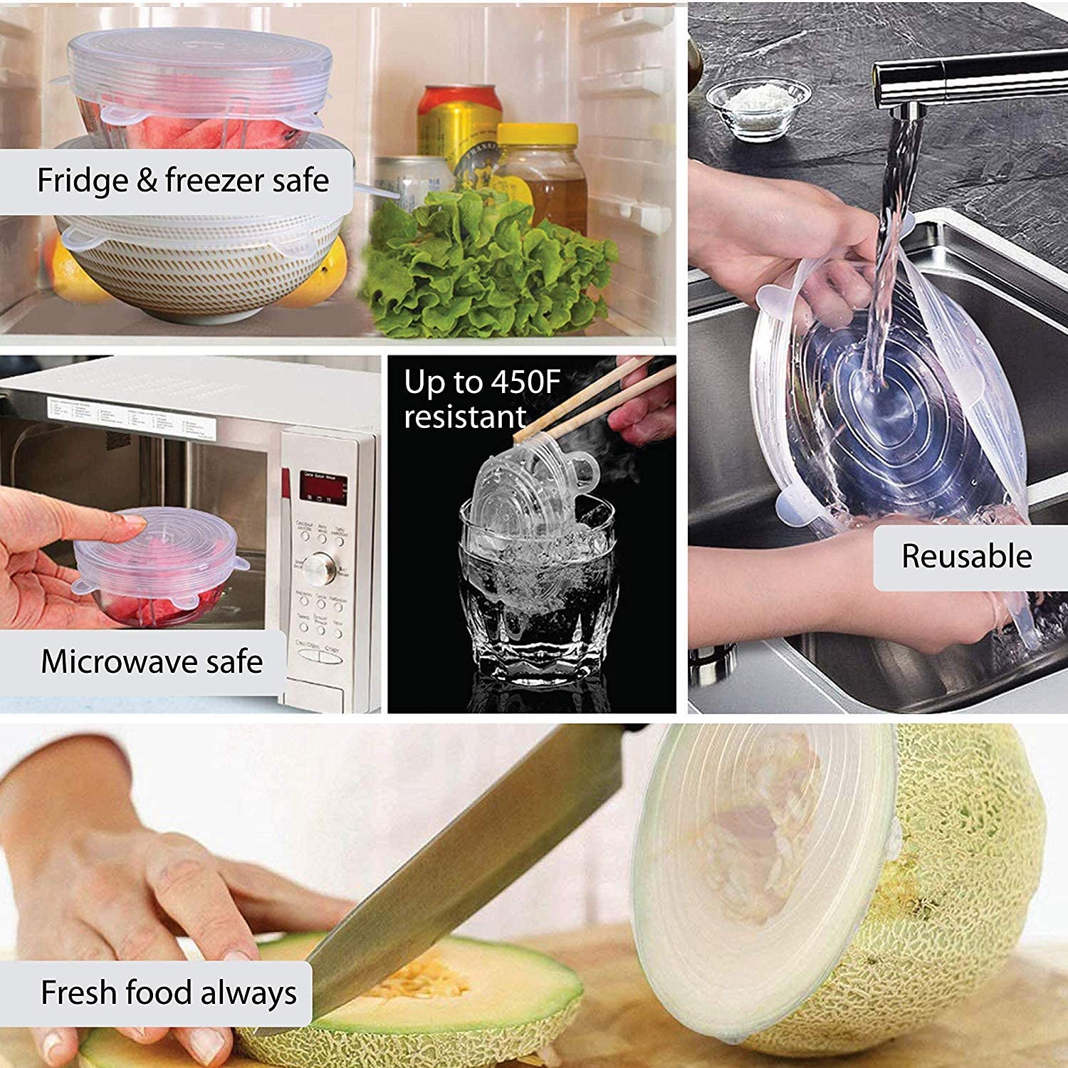 Reusable Silicone Lids Food and Bowl Covers 6-Pack Multiple Sizes, Durable and Expandable Food Covers Set, Keeping Food Fresh