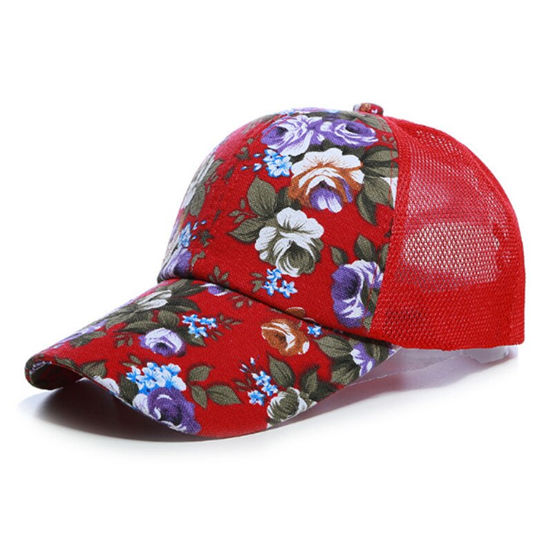 Boné ajustável com estampagem de flores para mulheres, chapéu de sol selvagem casual para meninas, snapback respirável, malha ajustável, simples e multicolorido, verão 2021