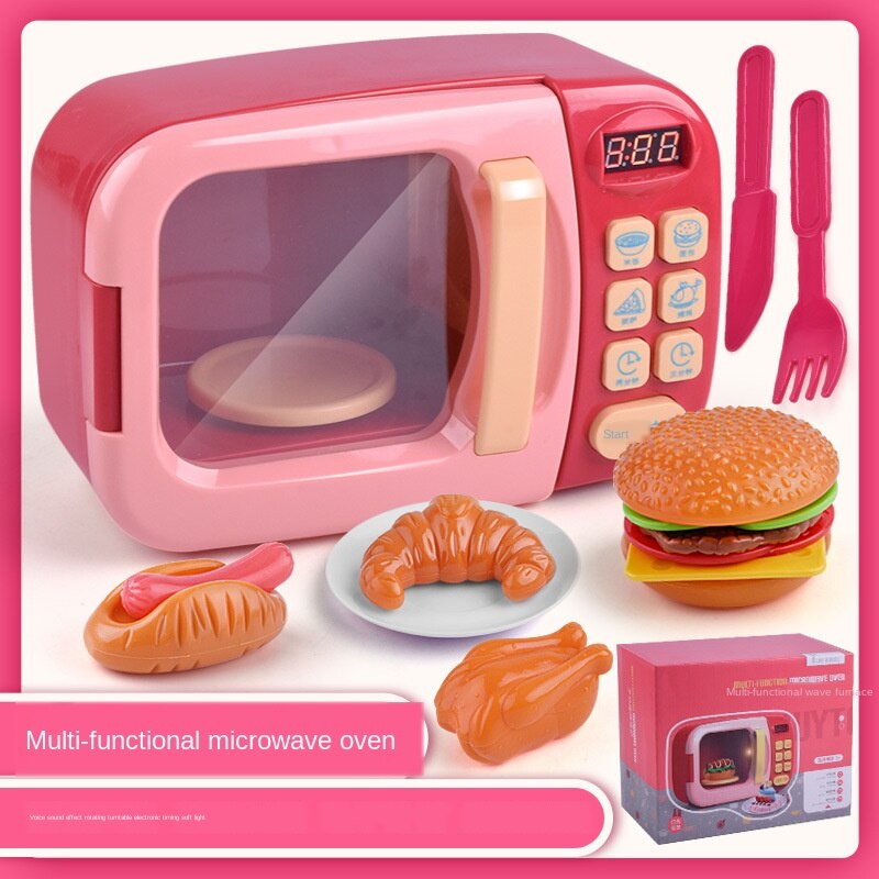 Children's Puzzle Simulation Play House Kitchen Toys Girls Simulation Cooking Tableware Set Children Toys: pink Microwave oven