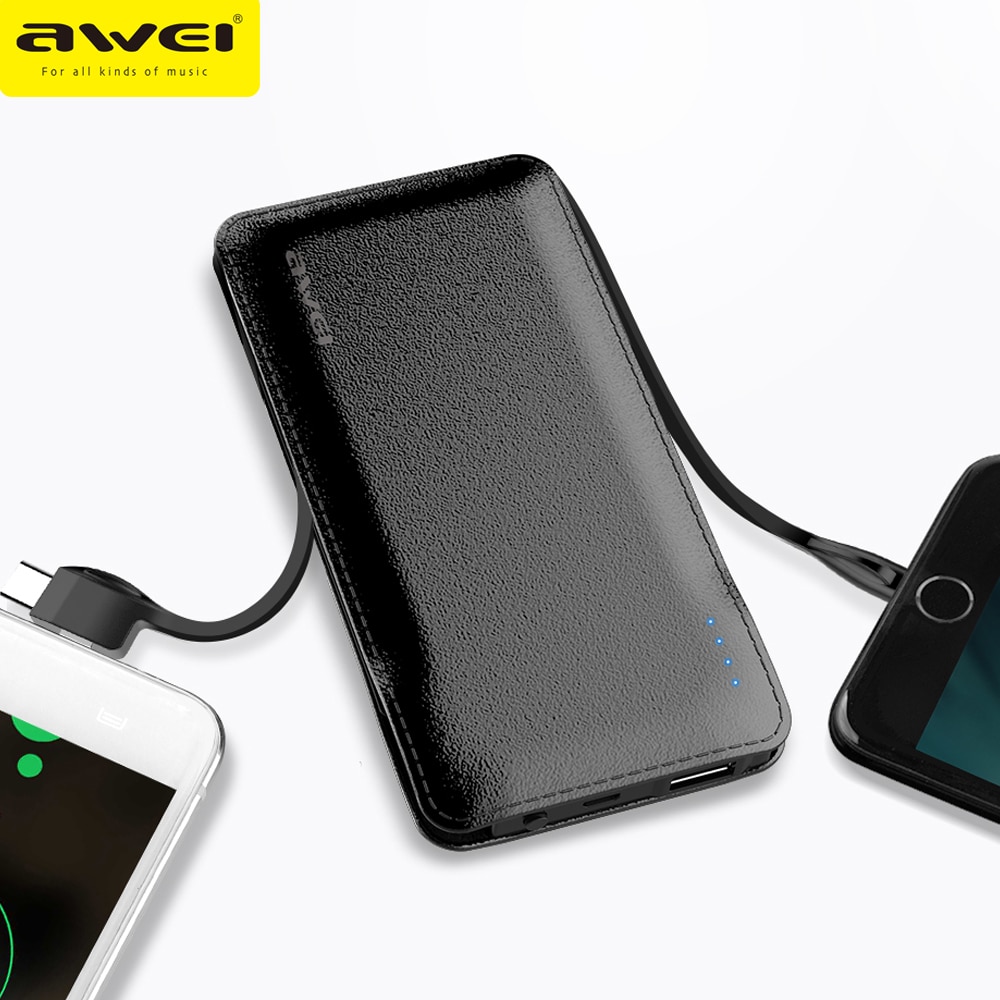 Awei Power Bank P51K Reizen Draagbare Powerbank 10000 Mah Ingebouwde Lightning Type C Micro Kabel Voor Xiaomi