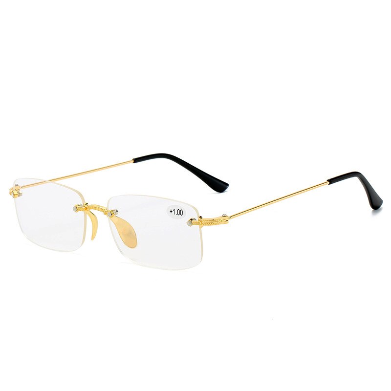 Trendy Rimless Bifocal Reading Glasses Men Women Near and Far Anti Blue Light Diamond Cutting Presbyopic Glasses gold: +250