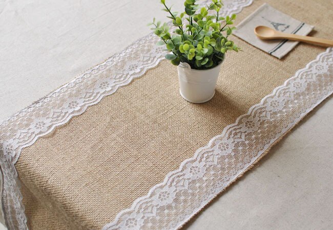 Bröllops säckbord bordslöpare/burlap spets bords löpare/hem fest bord dekoration/bröllop bord dekoration (30 cmx 270cm)