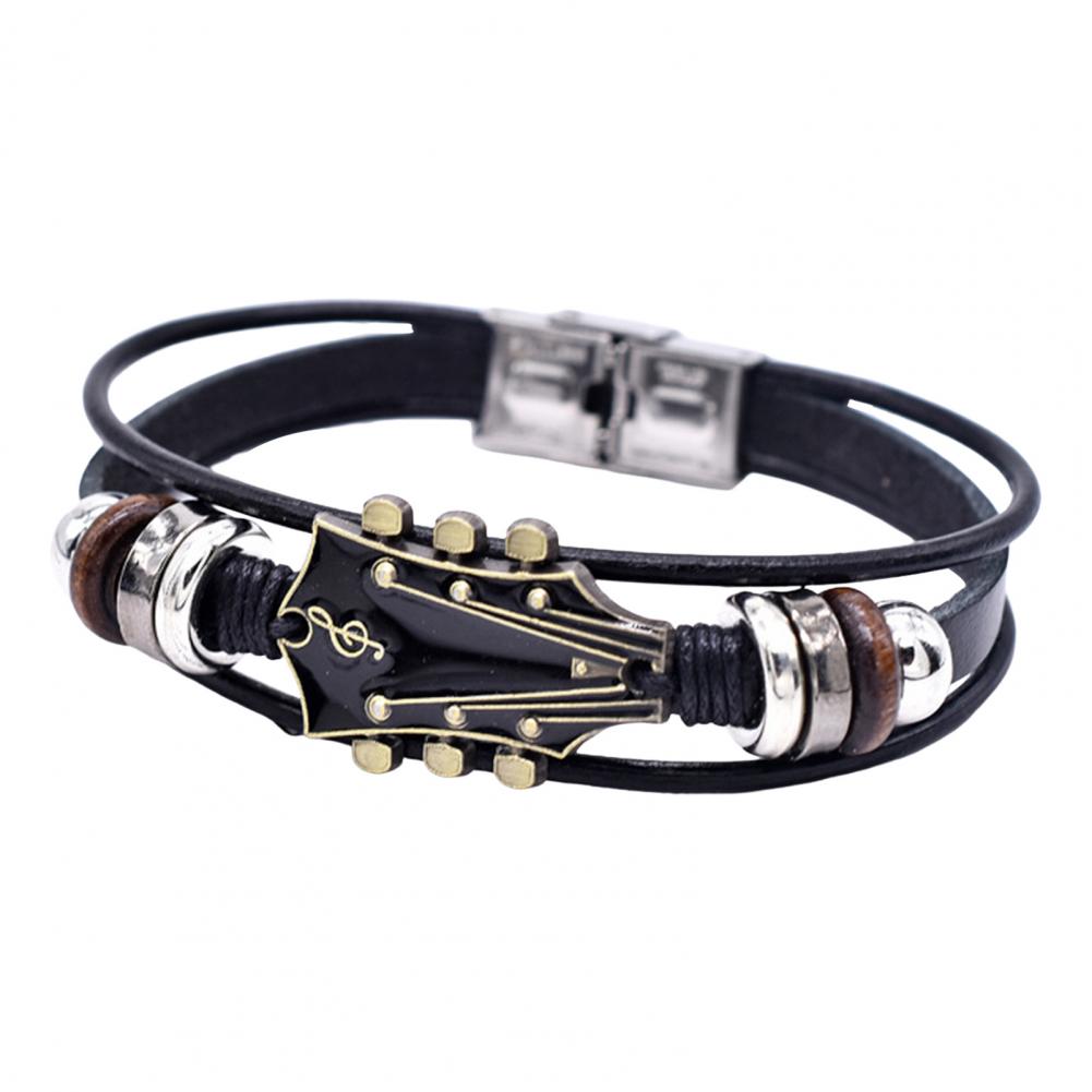 Braided Guitar Bracelet Faux Leather Zinc Alloy Adjustable Buckle Manual Woven 3-layered Retro Punk Wrist Jewelry: green