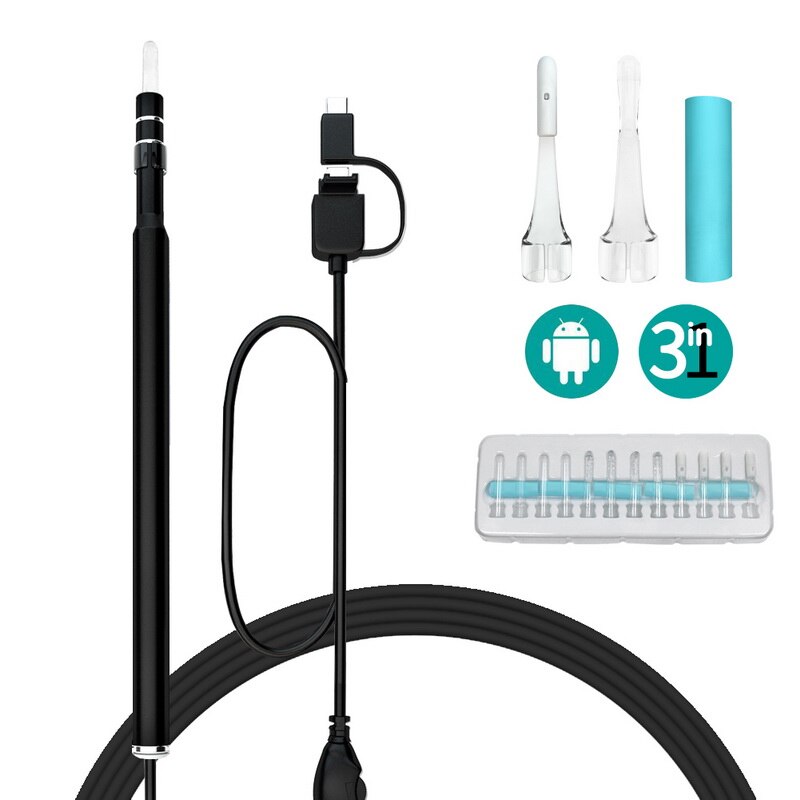 Hd 720p draagbare wifi-pen-otoscopen voor iphone en android-pc's, video's voor het inspecteren van oorsmeer, oordopjes en 3 -in- 1- camera's: Zwart