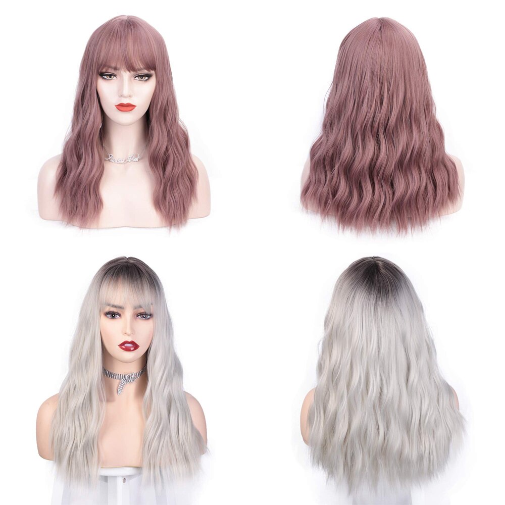 Peluca de ondas naturales gloriosas estampada, peluca rosa con flequillo, pelucas de pelo largo sintético para mujeres, pelo de fibra resistente al calor de alta temperatura