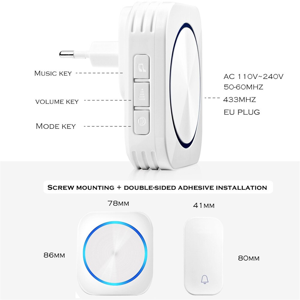 SMATRUL self powered Waterproof Wireless DoorBell Cordless Door Bell ring night light no battery EU plug home button Receiver