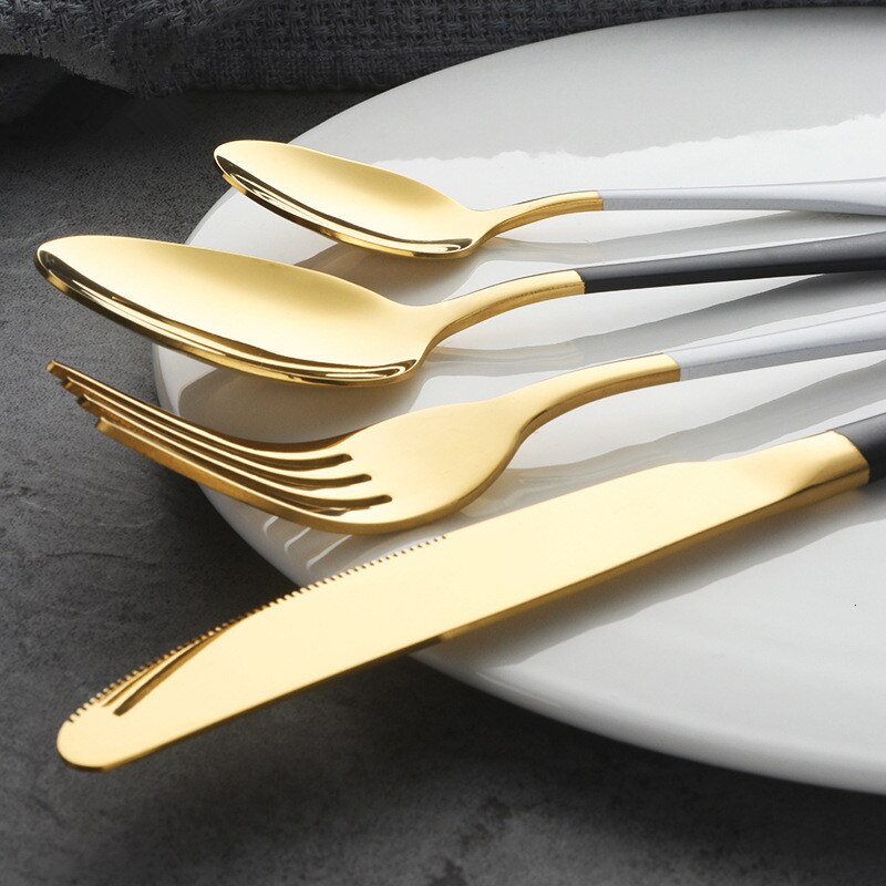 Black Gold Cutlery Set 18/10 Stainless Steel Fork Spoon Knife Set Mirror Tableware Set Portable Kitchen Spoon Silverware Set
