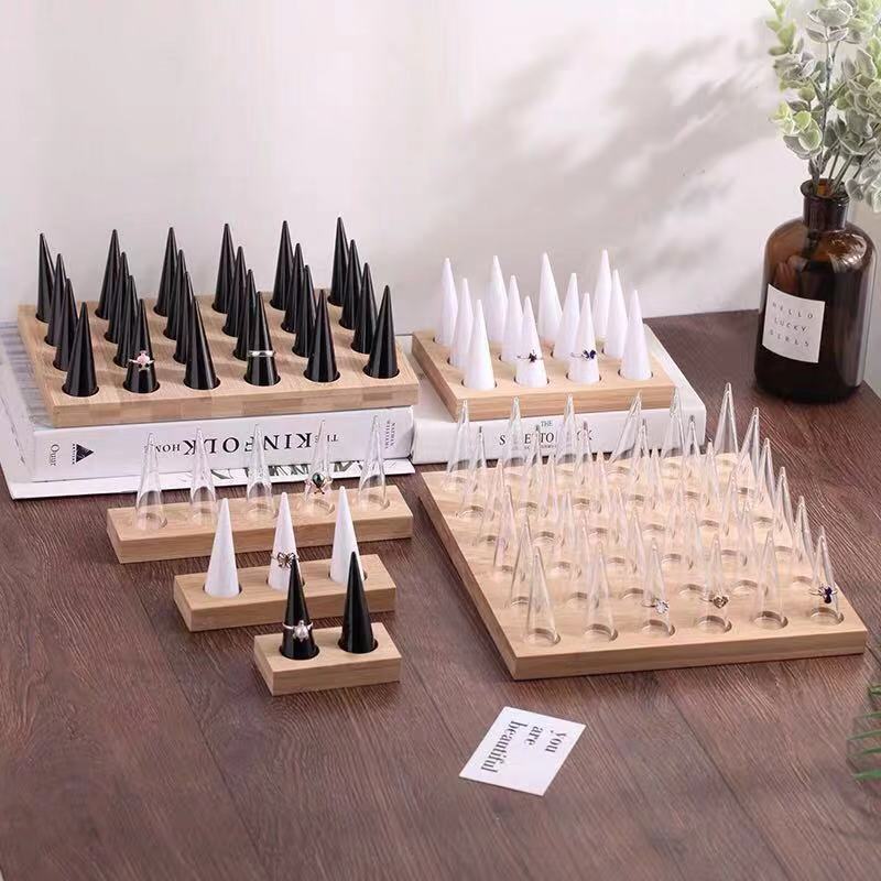 Natural Wood Cone Shape Finger Ring Stand Jewelry Display Holder Showcase Display Stands Rings Bracelet Jewelry Tray