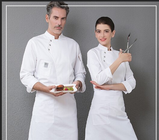 Kokkeuniform lange ærmer til mænd kvinder hotelkantineuniform kagebager køkkenuniform kokkeskjorte kokkerestaurantuniform: Hvid / L
