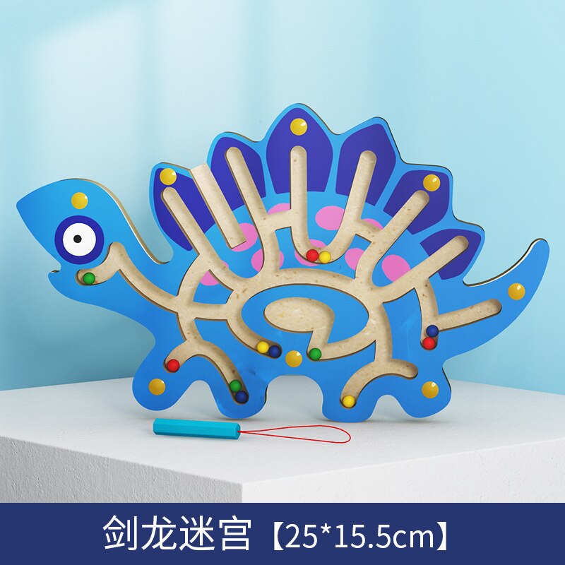Wooden Maze Toy - Cartoon Animal Magnetic Pen Track - Early Education Learning: MWZ Stegosaurus