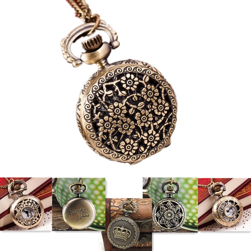 Lommeur kvinders herre kvarts 1 pc blomstermønstre bronze vintage ur halskæde unisex ur vedhæng på kæde 30 m 12