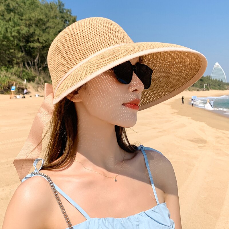 Sombrero de Sol de estilo coreano para mujer, sombrero de Sol de playa anti ultravioleta, ala grande, protector solar, de paja