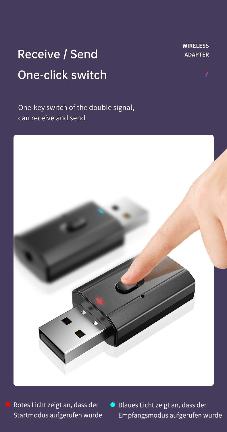 Bluetooth 5.0 Adapter USB Wireless Bluetooth Transmitter Receiver Music Audio For PC TV Car Hands-free 3.5mm AUX Adapter For TV