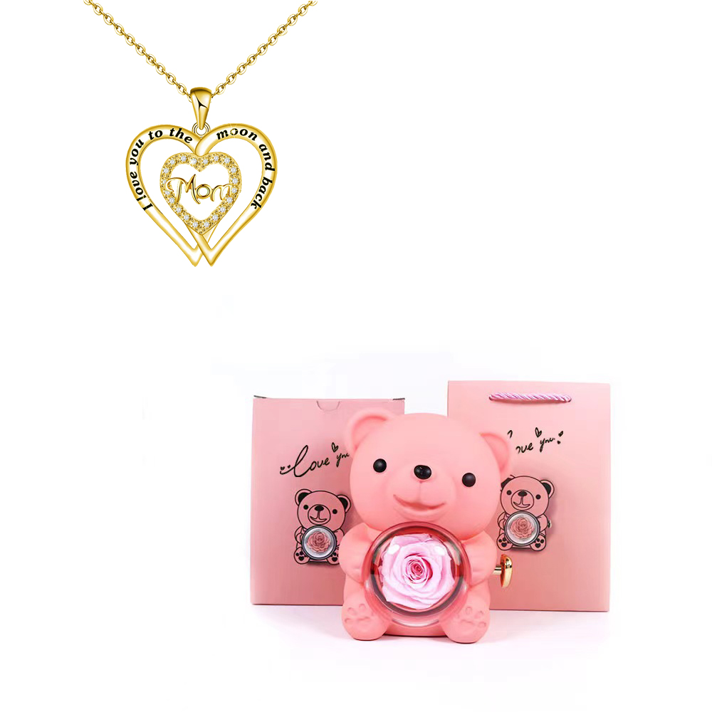 Collares con colgante de mamá de circón en forma de corazón con caja de de flor rosa de oso bonito adecuada para Navidad Día de la madre sorpresa romántica: Rojo-marrón