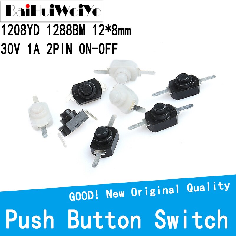 10 pçs/lote 1208yd 1288bm dc 30v 1a on off mini interruptor de botão para tocha elétrica preto branco auto travamento