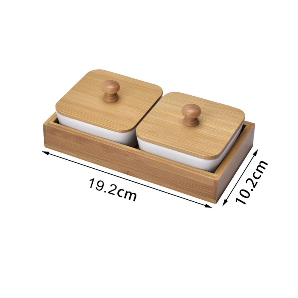 Japan Style Kitchen Organizer Ceramic Bowls Food Storage Containers with Bamboo Lid and Pallets Snack Serving Tray: 2 Bowl with Lid Tray