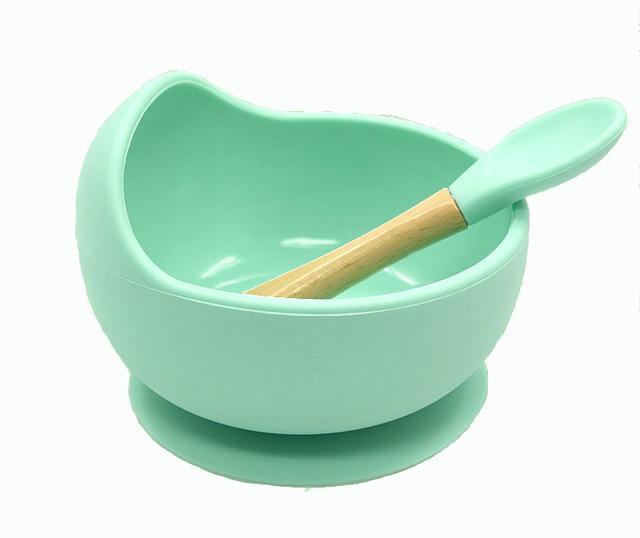 Baby siliconen voedingsset houten lepel zuigkom babybord kinderen peuterhulp servies bpa-vrij siliconen babyverzorging: Munt