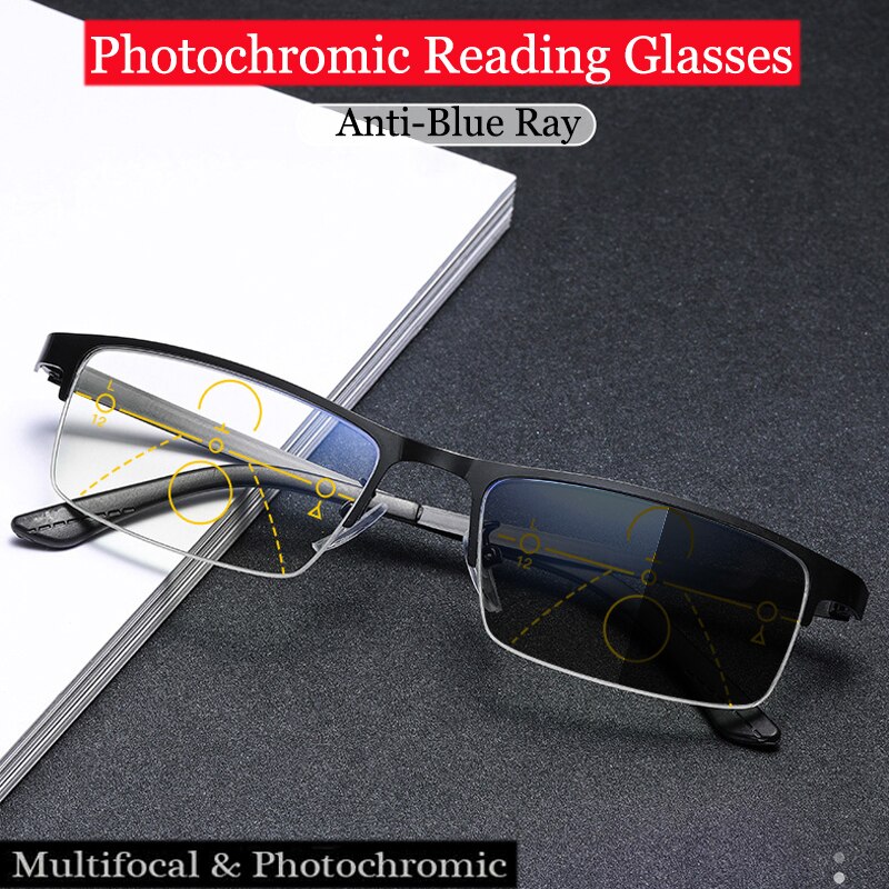 Smart Progressive photochromic Reading Glasses Anti-Blue Ray Men Multifocal Hyperopia Eyeglasses Half-Frame +1.0 To +4.0