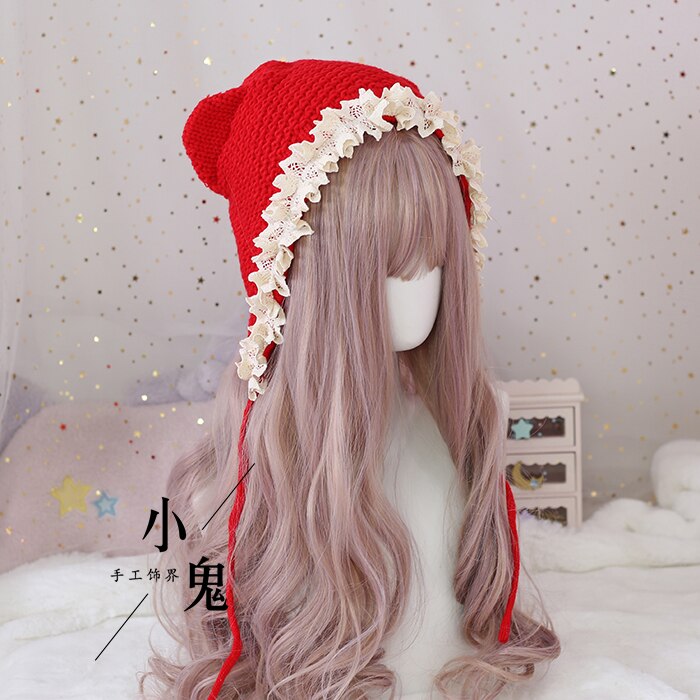 Lindo gato japonés orejas Lolita suave hermana gorro lana gorro niñas Otoño Invierno Kawaii sombrero de encaje atado cálido sombrero hecho a mano tocado: Red