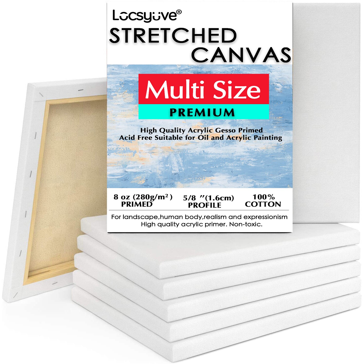 Stretched Canvas, Pack of 5, 8 x 10 Inches, Blank White Canvases, 100% Cotton Art Supplies for Acrylic Pouring and Oil Painting