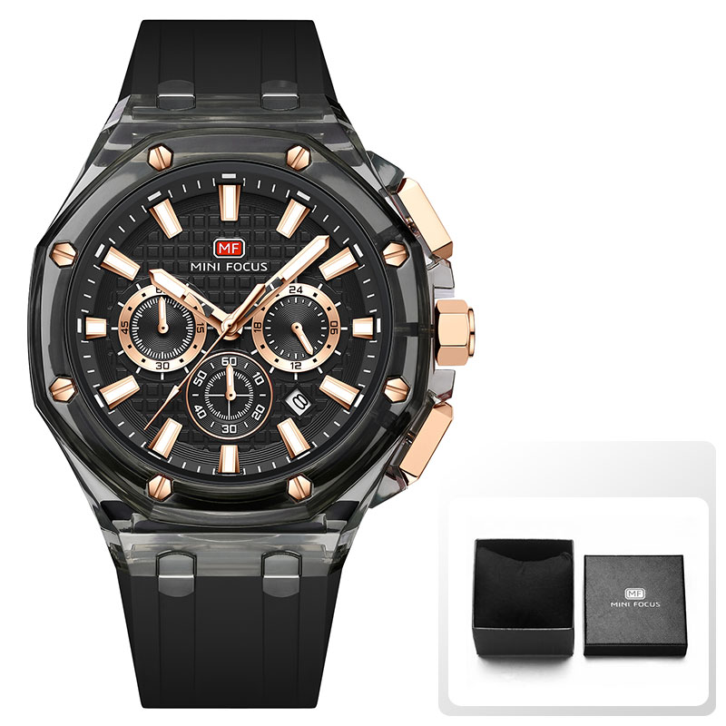 MINI FOCUS Relojes deportivos de cuarzo para hombre con correa de silicona naranja Cronógrafo Reloj de pulsera luminoso resistente al agua con calendario: Plata