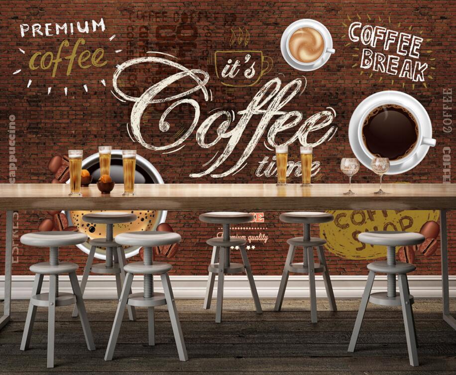 Custom voedsel winkel behang, Koffie en baksteen, 3D retro muurschilderingen voor de cafe restaurant hotel achtergrond muur PVC behang