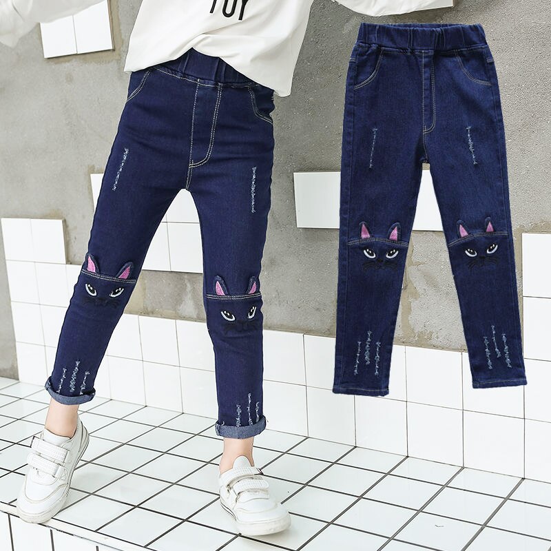 Pantalon en jean déchiré pour fille, vêtement décontracté, chat mignon, pour enfant de 2 à 12 ans, printemps et automne