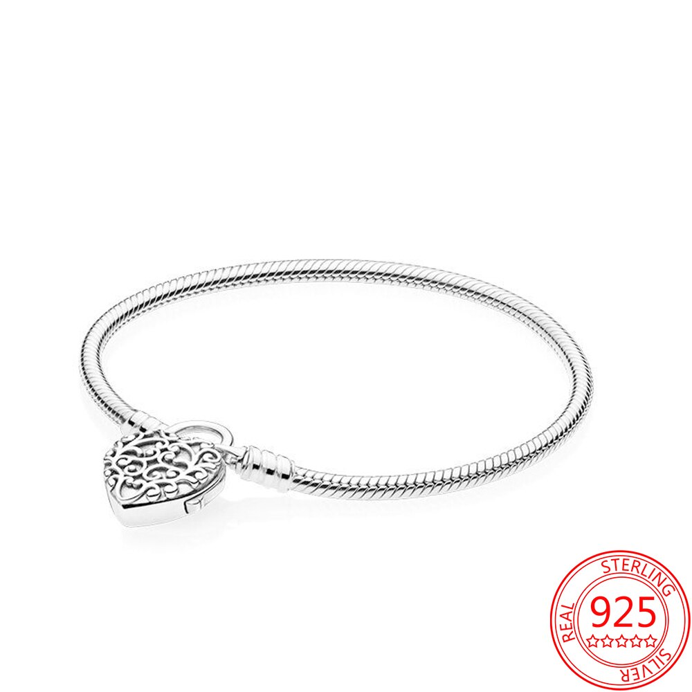 Original 925 Sterling Silver Safety Chain Heart-shaped Buckle Safety Bracelet Charm Fits Moment Bracelet Christmas