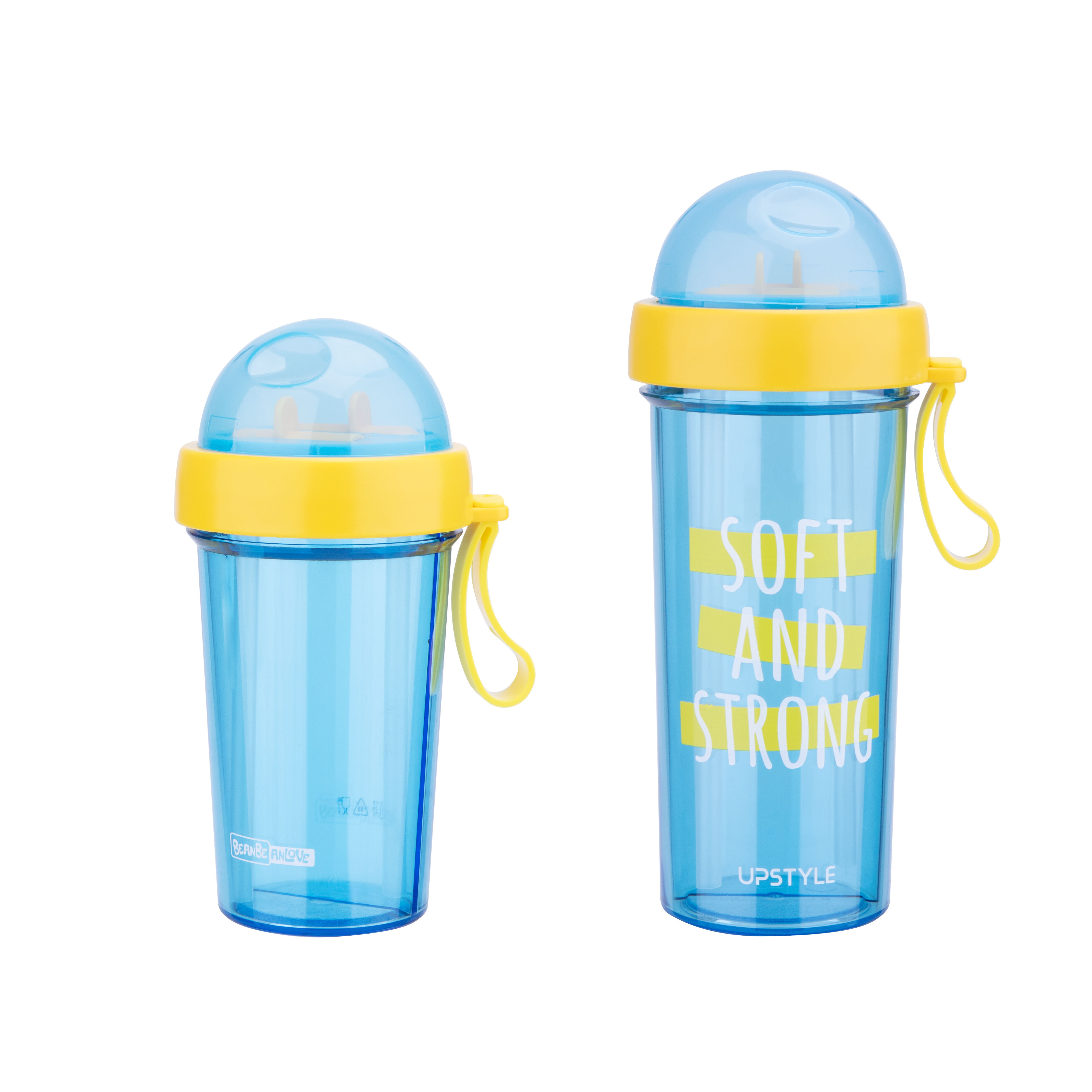 Dubbelfunktions plast shaker flaska protein vattenflaska med sugrör för gym: Blå / 600ml 20oz