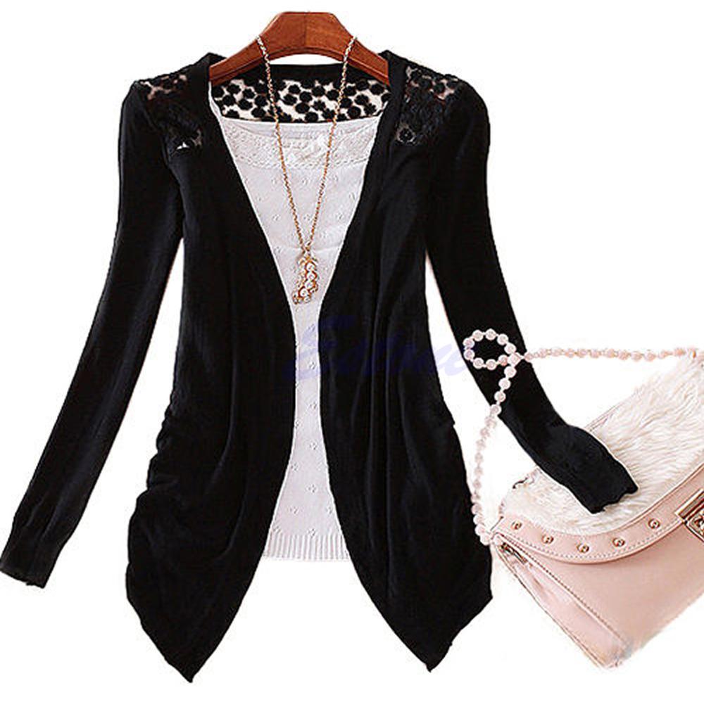 Vrouwen Lady Hollow Kant Gebreide Sweet Candy Kleur Crochet Knit Blouse Top Coat Trui Vest Lange Mouwen Slanke Dunne Out jas: BK