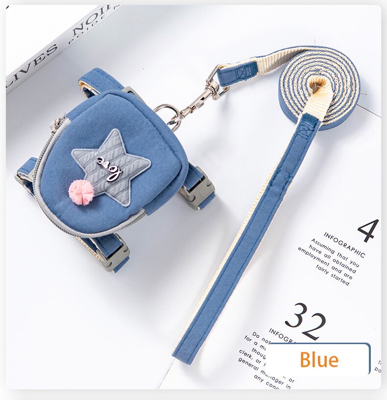 Halsband Leash Set Verstelbare Puppy Harnas Huisdier Harnas Voor Kat En Hond Zachte Halsbanden &amp; Leads Met Leuke rugzak: blue / M