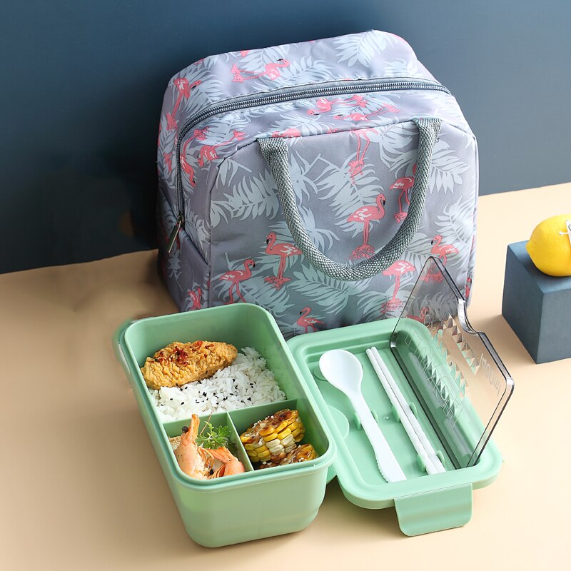Grid Microwave Lunch Box Portable Japan Compartment Bento Box Simple Style Fruit Salad Container Storage For Kids With Tableware: GREEN add BAG