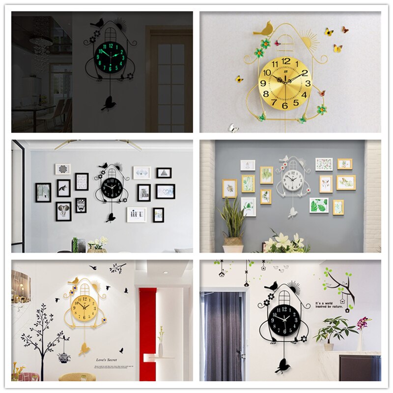 Pendulum Light in the Dark Wall Clock Modern Living Room Luminous Bird Metal 3D DIY Stickers Pared Con Pendulo Home Decor