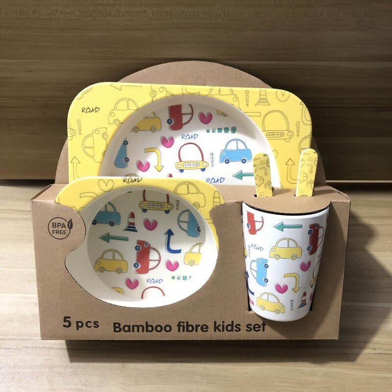 5pcs/set Baby Dish Tableware Children Cartoon Feeding Dishes Kids Natural Bamboo Fiber Dinnerware With Bowl Fork Cup Spoon Plate