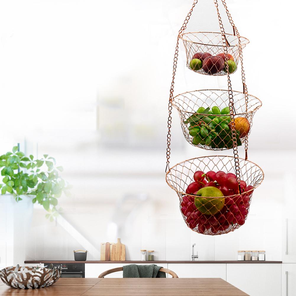 Newest 3 Tiers Wire Chain Hanging Basket Fruit Plant Food Organizer Kitchen Storage Wrought Iron Fruit Hanging Basket