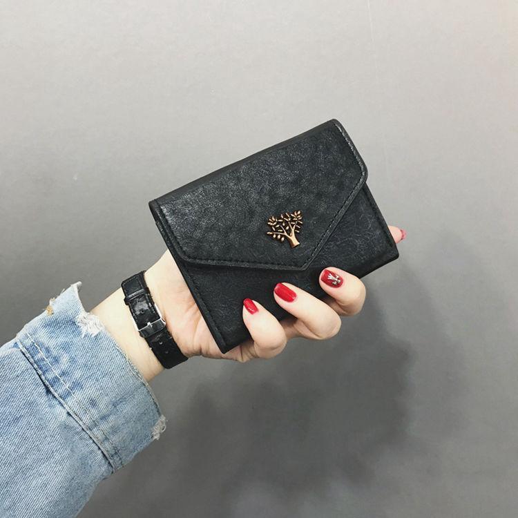 Women Wallet Retro Leather Metal Tree Wallet Student Purse Girls Mini Wallets and Purses Cute Card Holder Wallet: black