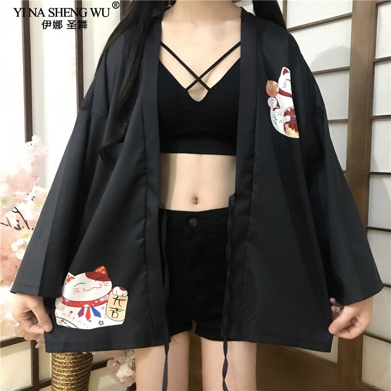 Cárdigan Harajuku de japonesa para mujer, Kimono negro, rojo, gato de la suerte, blusas informales holgadas para chica