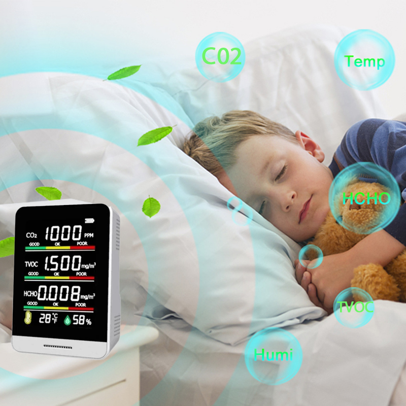 Portable Home 5 in 1 CO2 Meter Digital Temperature Humidity Sensor Tester Air Monitor Carbon Dioxide TVOC HCHO Detector