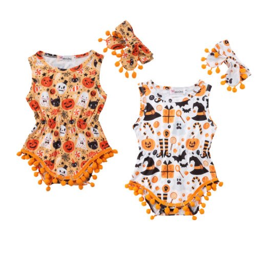 Cute Newborn Baby Boys Girls Sleeveless Tassels Halloween Bodysuit Jumpsuit Outfits 2pcs Set