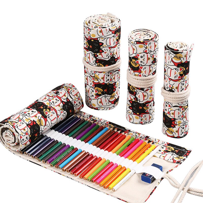 72 Gaten Schoolbenodigdheden Roll-Up Potlood Zakken Voor Kleur Potlood Pennen Tas Potlood Pouch Canvas Handgemaakte Bloemenprint kawaii Bgas: 72 hole cat