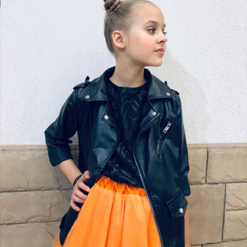 Girls Jackets 4-13 Years Old Leather Jacket PU Coat Long Sleeve Zip Belt Locomotive Leather Jacket Spring Autumn Versatile